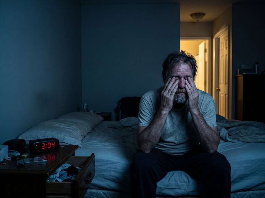 A man sitting on his bed at 3 AM